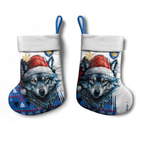 Kosovo Christmas Stocking with Santa Wolf Snowflakes Blue Pattern and National Emblem - Wonder Print Shop