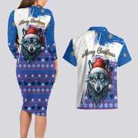Kosovo Christmas Couples Matching Long Sleeve Bodycon Dress and Hawaiian Shirt with Santa Wolf Snowflakes Blue Pattern and National Emblem - Wonder Print Shop