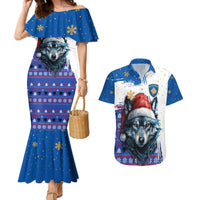 Kosovo Christmas Couples Matching Mermaid Dress and Hawaiian Shirt with Santa Wolf Snowflakes Blue Pattern and National Emblem - Wonder Print Shop