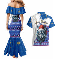 Kosovo Christmas Couples Matching Mermaid Dress and Hawaiian Shirt with Santa Wolf Snowflakes Blue Pattern and National Emblem - Wonder Print Shop