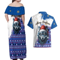 Kosovo Christmas Couples Matching Off Shoulder Maxi Dress and Hawaiian Shirt with Santa Wolf Snowflakes Blue Pattern and National Emblem - Wonder Print Shop