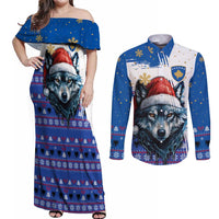 Kosovo Christmas Couples Matching Off Shoulder Maxi Dress and Long Sleeve Button Shirt with Santa Wolf Snowflakes Blue Pattern and National Emblem - Wonder Print Shop