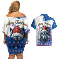 Kosovo Christmas Couples Matching Off Shoulder Short Dress and Hawaiian Shirt with Santa Wolf Snowflakes Blue Pattern and National Emblem - Wonder Print Shop