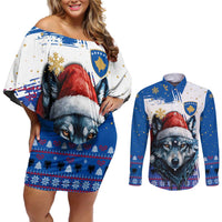 Kosovo Christmas Couples Matching Off Shoulder Short Dress and Long Sleeve Button Shirt with Santa Wolf Snowflakes Blue Pattern and National Emblem - Wonder Print Shop