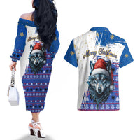 Kosovo Christmas Couples Matching Off The Shoulder Long Sleeve Dress and Hawaiian Shirt with Santa Wolf Snowflakes Blue Pattern and National Emblem - Wonder Print Shop
