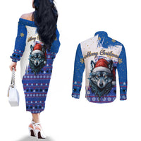 Kosovo Christmas Couples Matching Off The Shoulder Long Sleeve Dress and Long Sleeve Button Shirt with Santa Wolf Snowflakes Blue Pattern and National Emblem - Wonder Print Shop