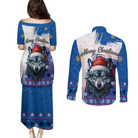 Kosovo Christmas Couples Matching Puletasi and Long Sleeve Button Shirt with Santa Wolf Snowflakes Blue Pattern and National Emblem - Wonder Print Shop