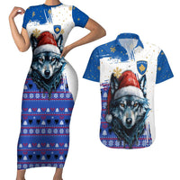 Kosovo Christmas Couples Matching Short Sleeve Bodycon Dress and Hawaiian Shirt with Santa Wolf Snowflakes Blue Pattern and National Emblem - Wonder Print Shop
