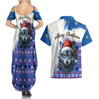 Kosovo Christmas Couples Matching Summer Maxi Dress and Hawaiian Shirt with Santa Wolf Snowflakes Blue Pattern and National Emblem - Wonder Print Shop