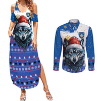Kosovo Christmas Couples Matching Summer Maxi Dress and Long Sleeve Button Shirt with Santa Wolf Snowflakes Blue Pattern and National Emblem - Wonder Print Shop
