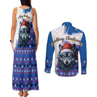 Kosovo Christmas Couples Matching Tank Maxi Dress and Long Sleeve Button Shirt with Santa Wolf Snowflakes Blue Pattern and National Emblem - Wonder Print Shop