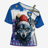 Kosovo Christmas Cross Shoulder Shirt with Santa Wolf Snowflakes Blue Pattern and National Emblem - Wonder Print Shop