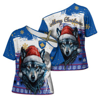 Kosovo Christmas Cross Shoulder Shirt with Santa Wolf Snowflakes Blue Pattern and National Emblem - Wonder Print Shop