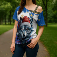 Kosovo Christmas Cross Shoulder Shirt with Santa Wolf Snowflakes Blue Pattern and National Emblem - Wonder Print Shop