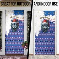 Kosovo Christmas Door Cover with Santa Wolf Snowflakes Blue Pattern and National Emblem - Wonder Print Shop