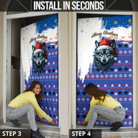 Kosovo Christmas Door Cover with Santa Wolf Snowflakes Blue Pattern and National Emblem - Wonder Print Shop