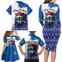 Kosovo Christmas Family Matching Long Sleeve Bodycon Dress and Hawaiian Shirt with Santa Wolf Snowflakes Blue Pattern and National Emblem - Wonder Print Shop