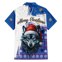 Kosovo Christmas Family Matching Long Sleeve Bodycon Dress and Hawaiian Shirt with Santa Wolf Snowflakes Blue Pattern and National Emblem - Wonder Print Shop