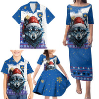 Kosovo Christmas Family Matching Puletasi and Hawaiian Shirt with Santa Wolf Snowflakes Blue Pattern and National Emblem - Wonder Print Shop