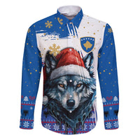 Kosovo Christmas Family Matching Puletasi and Hawaiian Shirt with Santa Wolf Snowflakes Blue Pattern and National Emblem - Wonder Print Shop