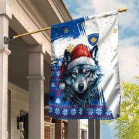 Kosovo Christmas Garden Flag with Santa Wolf Snowflakes Blue Pattern and National Emblem - Wonder Print Shop