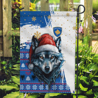 Kosovo Christmas Garden Flag with Santa Wolf Snowflakes Blue Pattern and National Emblem - Wonder Print Shop