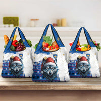 Kosovo Christmas Grocery Bag with Santa Wolf Snowflakes Blue Pattern and National Emblem - Wonder Print Shop