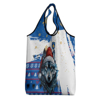 Kosovo Christmas Grocery Bag with Santa Wolf Snowflakes Blue Pattern and National Emblem - Wonder Print Shop