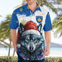 Kosovo Christmas Hawaiian Shirt with Santa Wolf Snowflakes Blue Pattern and National Emblem - Wonder Print Shop