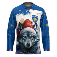 Kosovo Christmas Hockey Jersey with Santa Wolf Snowflakes Blue Pattern and National Emblem - Wonder Print Shop