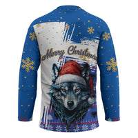 Kosovo Christmas Hockey Jersey with Santa Wolf Snowflakes Blue Pattern and National Emblem - Wonder Print Shop