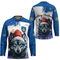Kosovo Christmas Hockey Jersey with Santa Wolf Snowflakes Blue Pattern and National Emblem - Wonder Print Shop