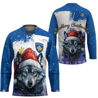 Kosovo Christmas Hockey Jersey with Santa Wolf Snowflakes Blue Pattern and National Emblem - Wonder Print Shop