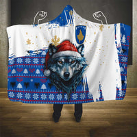 Kosovo Christmas Hooded Blanket with Santa Wolf Snowflakes Blue Pattern and National Emblem - Wonder Print Shop