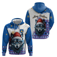 Kosovo Christmas Hoodie with Santa Wolf Snowflakes Blue Pattern and National Emblem - Wonder Print Shop