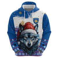Kosovo Christmas Hoodie with Santa Wolf Snowflakes Blue Pattern and National Emblem - Wonder Print Shop