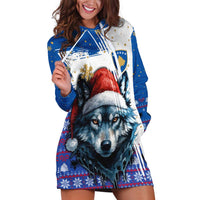 Kosovo Christmas Hoodie Dress with Santa Wolf Snowflakes Blue Pattern and National Emblem - Wonder Print Shop