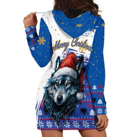 Kosovo Christmas Hoodie Dress with Santa Wolf Snowflakes Blue Pattern and National Emblem - Wonder Print Shop