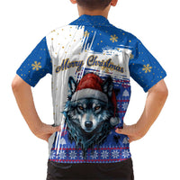 Kosovo Christmas Kid Hawaiian Shirt with Santa Wolf Snowflakes Blue Pattern and National Emblem - Wonder Print Shop