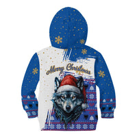 Kosovo Christmas Kid Hoodie with Santa Wolf Snowflakes Blue Pattern and National Emblem - Wonder Print Shop