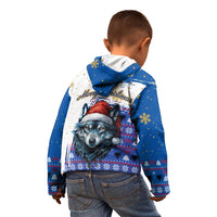 Kosovo Christmas Kid Hoodie with Santa Wolf Snowflakes Blue Pattern and National Emblem - Wonder Print Shop
