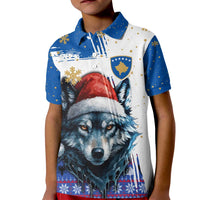 Kosovo Christmas Kid Polo Shirt with Santa Wolf Snowflakes Blue Pattern and National Emblem - Wonder Print Shop