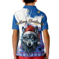 Kosovo Christmas Kid Polo Shirt with Santa Wolf Snowflakes Blue Pattern and National Emblem - Wonder Print Shop