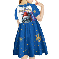 Kosovo Christmas Kid Short Sleeve Dress with Santa Wolf Snowflakes Blue Pattern and National Emblem - Wonder Print Shop