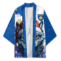 Kosovo Christmas Kimono with Santa Wolf Snowflakes Blue Pattern and National Emblem - Wonder Print Shop