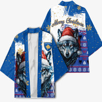 Kosovo Christmas Kimono with Santa Wolf Snowflakes Blue Pattern and National Emblem - Wonder Print Shop