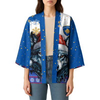 Kosovo Christmas Kimono with Santa Wolf Snowflakes Blue Pattern and National Emblem - Wonder Print Shop