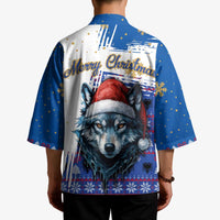 Kosovo Christmas Kimono with Santa Wolf Snowflakes Blue Pattern and National Emblem - Wonder Print Shop