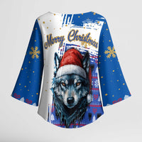 Kosovo Christmas Kimono Sleeve Blouse with Santa Wolf Snowflakes Blue Pattern and National Emblem - Wonder Print Shop