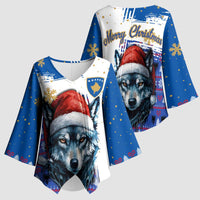 Kosovo Christmas Kimono Sleeve Blouse with Santa Wolf Snowflakes Blue Pattern and National Emblem - Wonder Print Shop